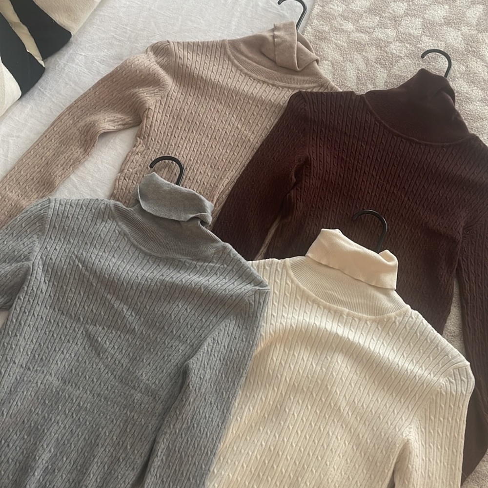 Set of Four Knit Turtle Neck Long Sleeve Tops -Brown, Oatmeal, Cream, Light Grey